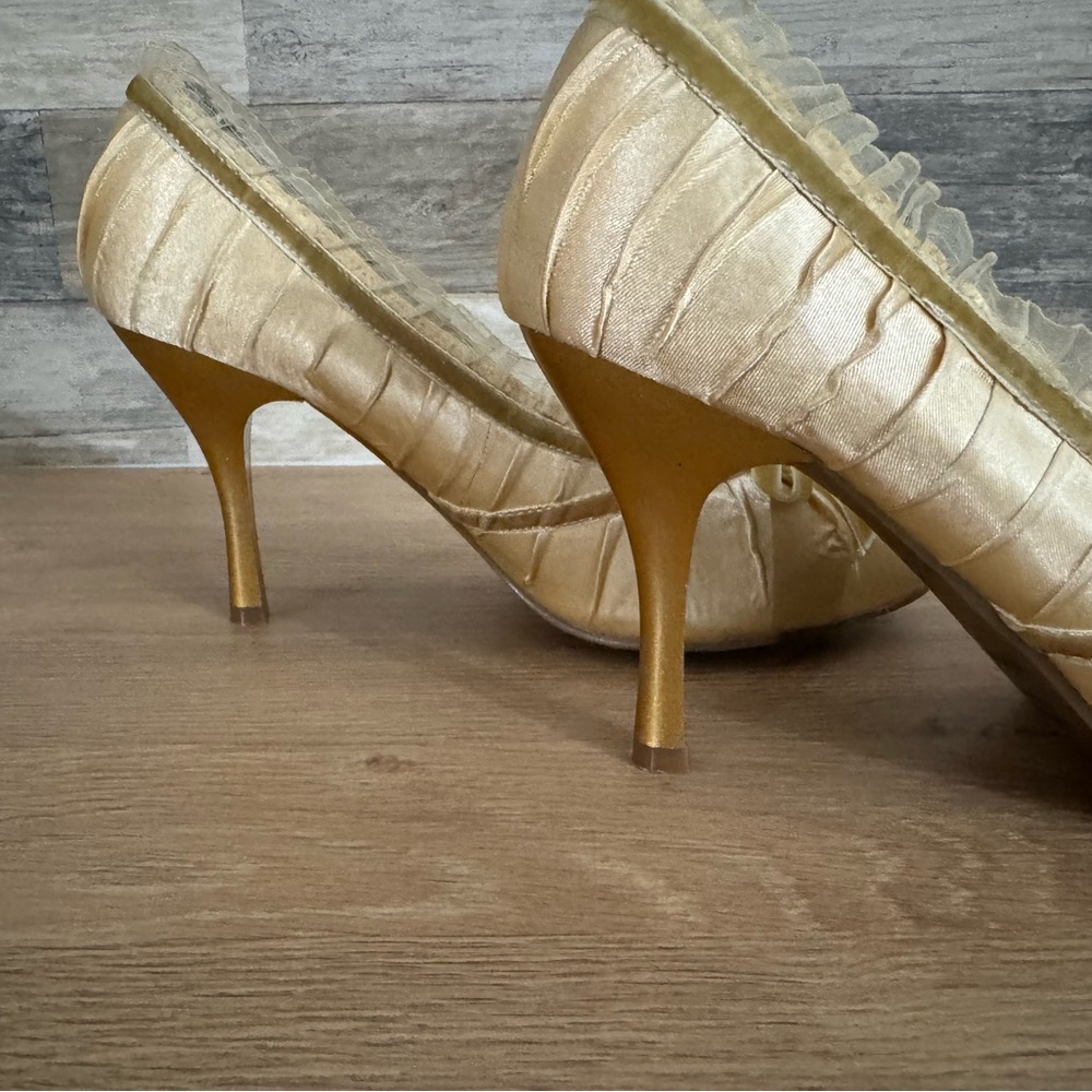 Ellie Cream Satin Heels with Ruffle Detail - Picture 2 of 7